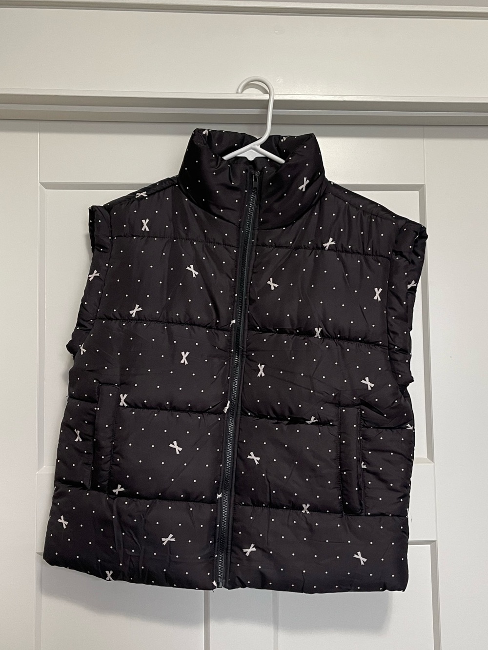 Black Quilted Puffer Vest with White Bow & Dot Pattern